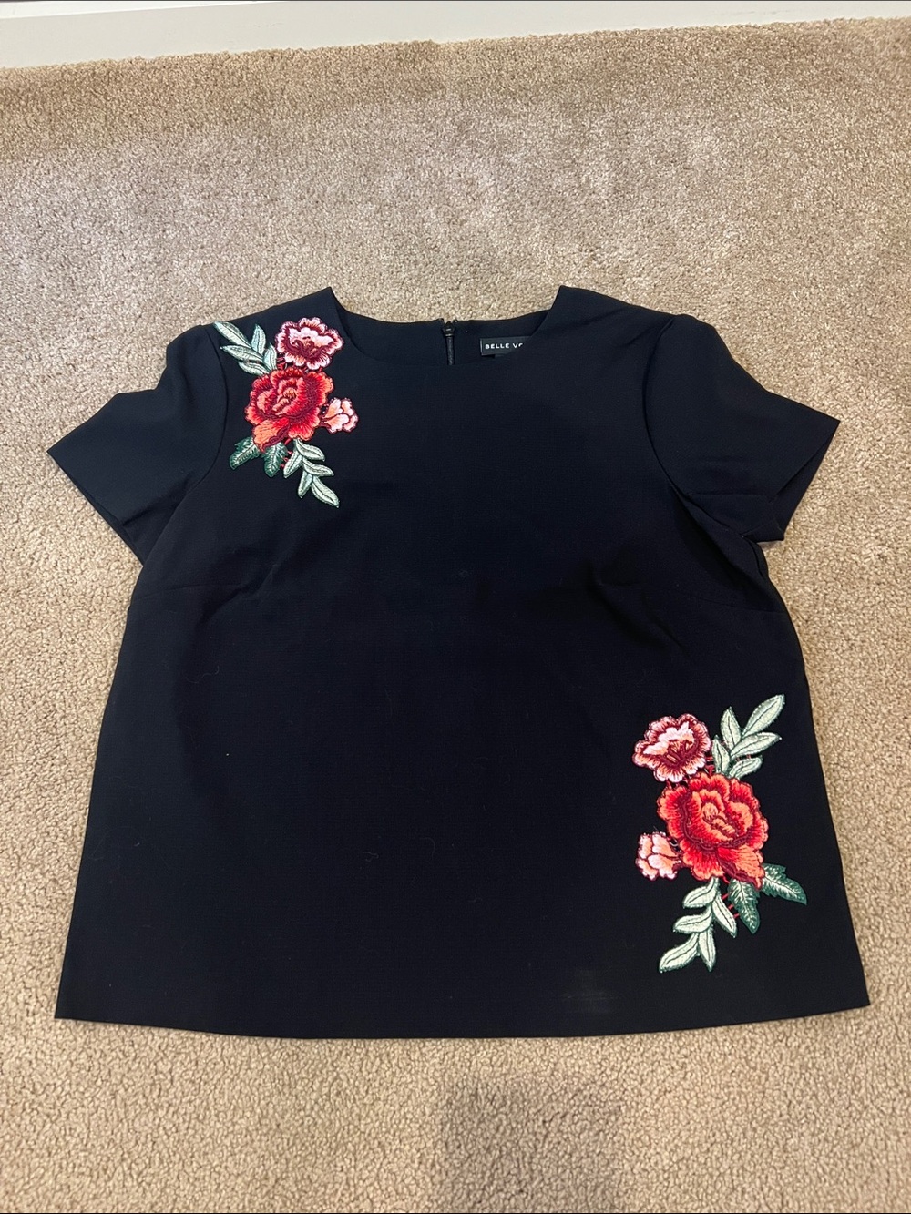 Belle Vie Black Embroidered Floral Short-Sleeve Top